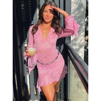 JULISSA MO Sexy See Through V-neck Longsleeve Lace Mini Dress Women 2023 Summer Skinny Hollow Out Dresses Club Party Clothes